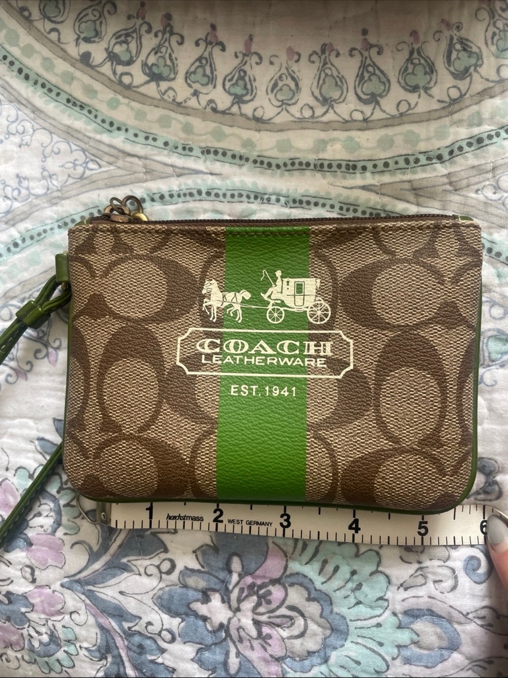 Coach Brown Signature Wristlet with Green Center Stripe
